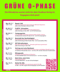 Plakat der Grünen O-Phase mit Terminen zu Repair Café, Nachhaltigkeit und Vorträgen am KIT.