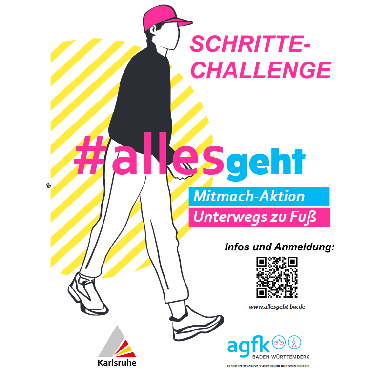 Illustration eines Fußgängers mit Text zur Schritte-Challenge #allesgeht, Mitmach-Aktion in Karlsruhe.