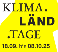 Logo der Klimaländertage mit Datum vom 18.09. bis 08.10.2025 auf gelbem Hintergrund, der die Form von Baden-Württemberg hat.