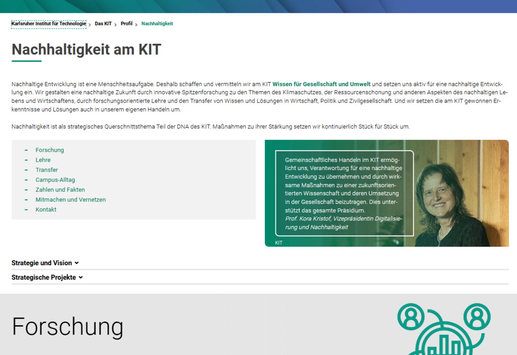 Nachhaltigkeit am KIT: Forschung, Lehre, und Transfer für Gesellschaft und Umwelt.