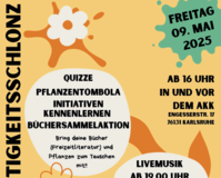 Veranstaltungsplakat für den Nachhaltigkeitsschlonz am 9. Mai 2025 im AKK, Karlsruhe.