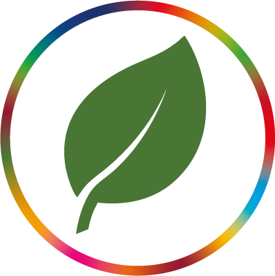 Eine grüne Blattsilhouette umgeben von einem regenbogenfarbenen Kreis.