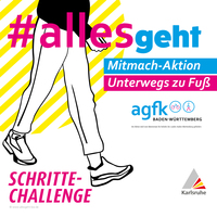 Grafische Darstellung laufender Beine mit Text #allesgeht, Mitmach-Aktion Unterwegs zu FußAGFK-BW