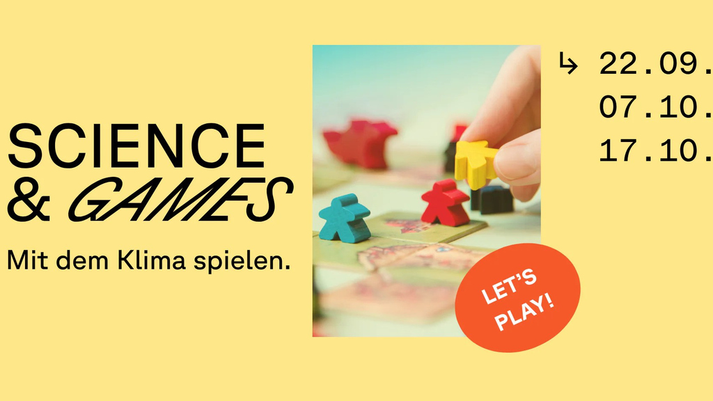 Werbebanner „Science & Games: Mit dem Klima spielen“ mit Brettspiel-Motiv und Terminen.