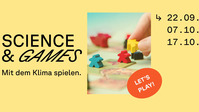 Werbebanner „Science & Games: Mit dem Klima spielen“ mit Brettspiel-Motiv und Terminen.