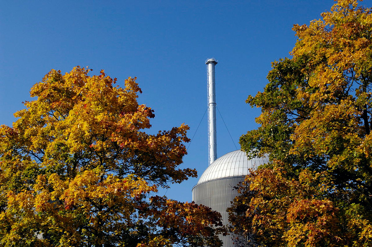 Herbstlaub vor Kühlturm unter blauem Himmel.